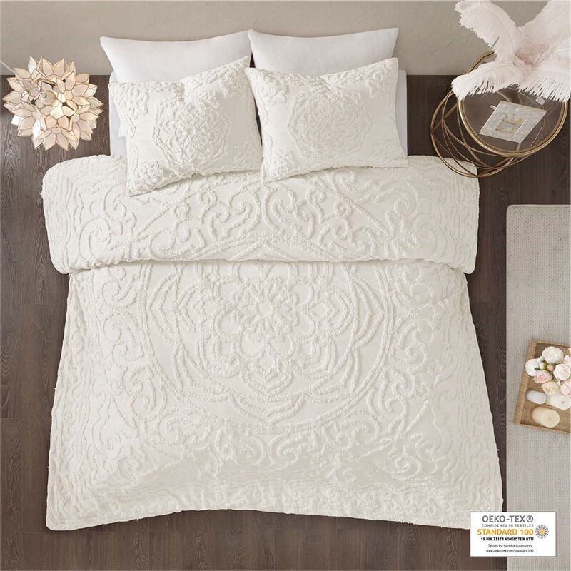 Gracie Mills Ray 3-Piece Boho Chic Tufted Cotton Chenille Medallion Duvet Set
