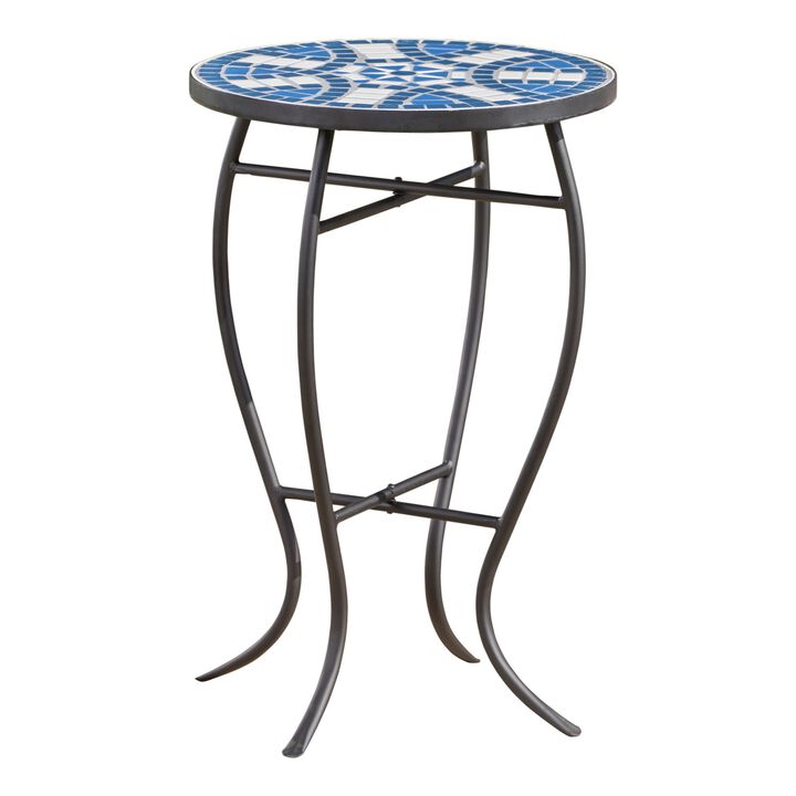 Outdoor Side End Table, 14 Inch Round Blue, White Mosaic Ceramic Top - Benzara