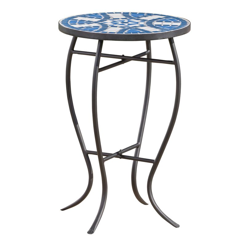 Outdoor Side End Table, 14 Inch Round Blue, White Mosaic Ceramic Top - Benzara
