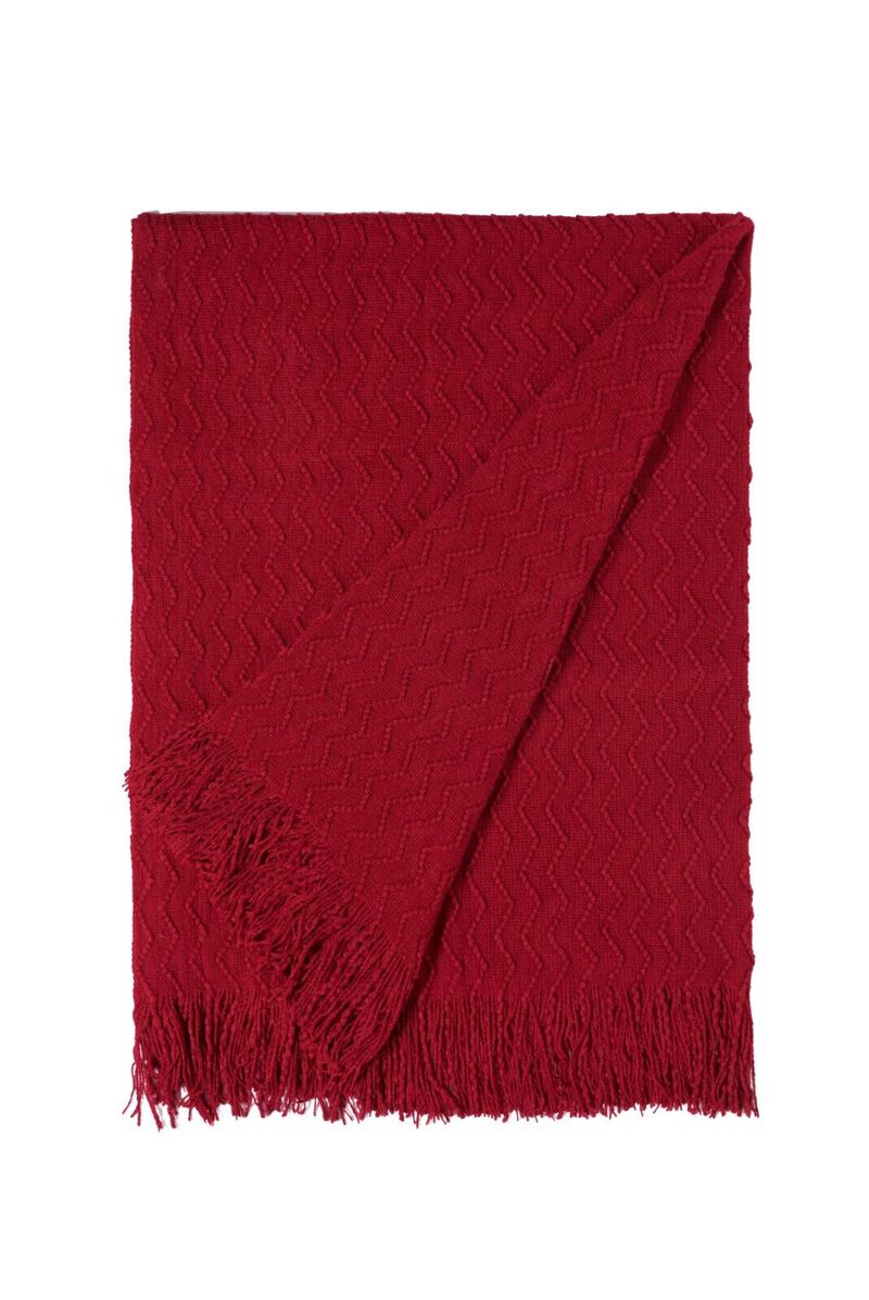 Decorative Chevron Pattern Knit Throw Blanket, 50x60 in, Made with Premium Yarns, Finished with Chic Fringe Details - Red, Lightweight, Breathable, Easy Care