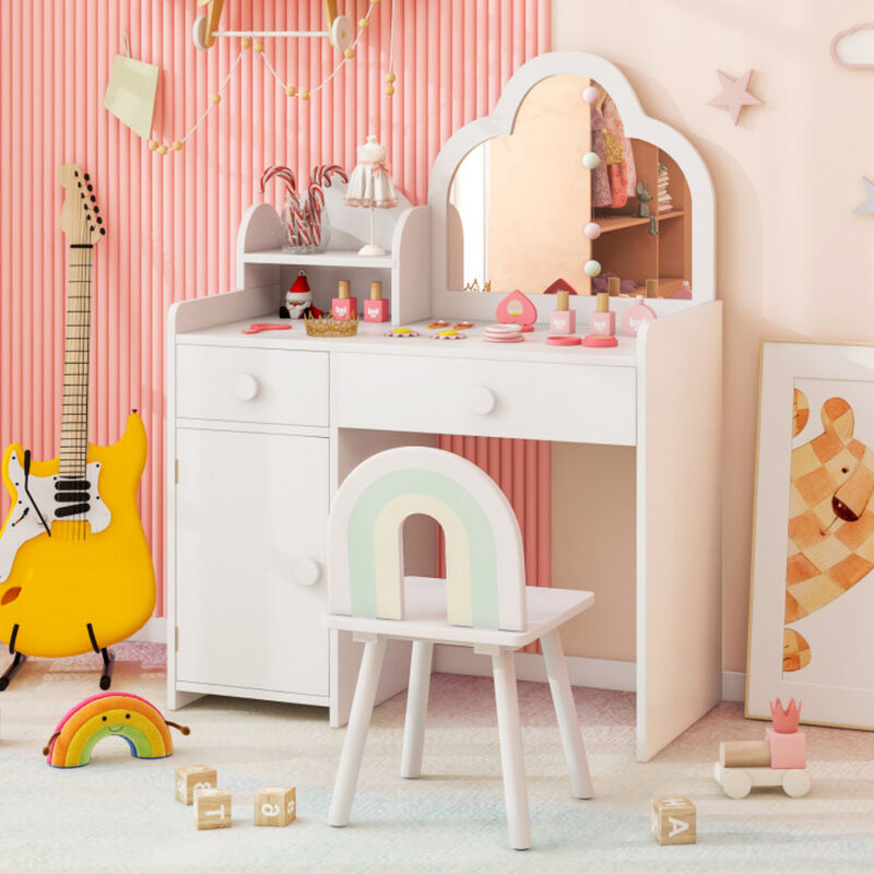 Kids Vanity Table and Chair Set with Cloud-shaped Mirror and Open Shelf