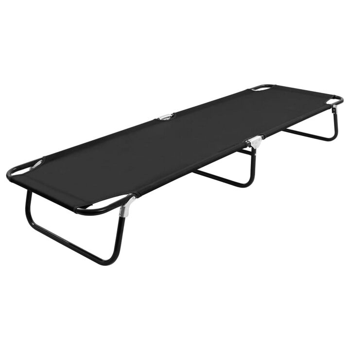 Zena Outdoor Lounger Sunbed, Black Fabric 75 Inch Foldable Steel Frame - Benzara