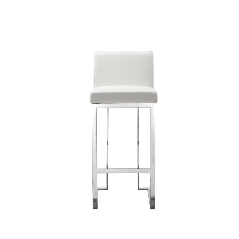 Boly 30 Inch Barstool Chair, White Faux Leather, Cushions, Chrome Steel - Benzara