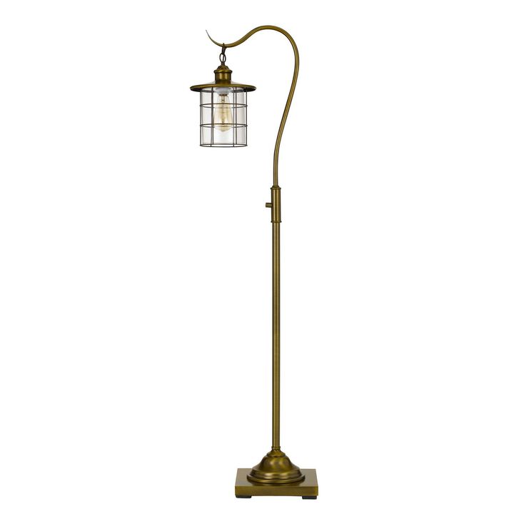60 Inch Metal Downbridge Design Floor Lamp with Caged Shade, Antique Brass-Benzara