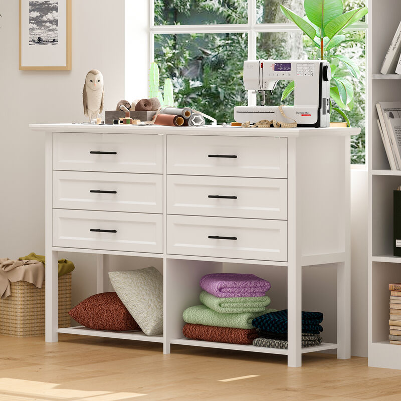 FUFU&GAGA 6-Drawer Storage Cabinet with Open Bamboo Shelf and Elegant Finish (55" W x 35.4" H x 15.7" D),White