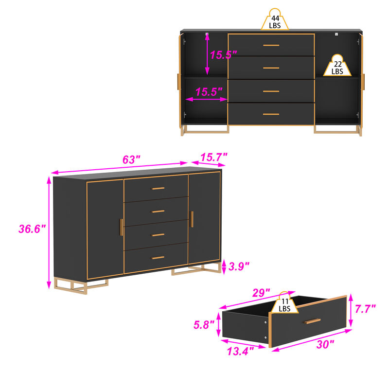 FUFU&GAGA Modern 4-Drawer Storage Cabinet with Gold Accents, Adjustable Shelves, Black Finish (63" W x 36.6" H x 15.7" D),Black