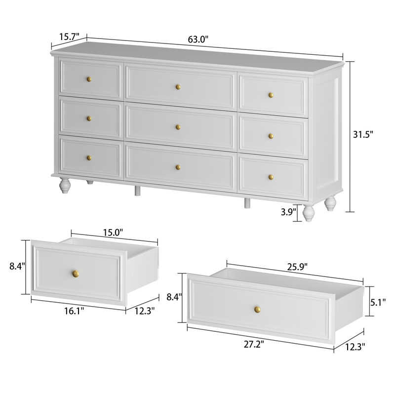 White Wooden Modern European Style Accent Storage Cabinet with 9-Drawer