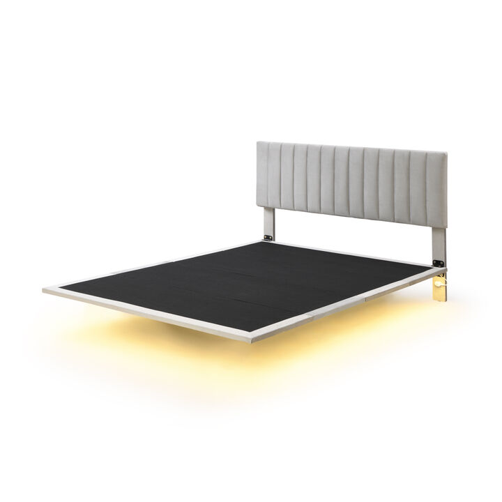 Queen Size Upholstered Bed With Sensor Light And Headboard, Floating Velvet Platform Bed, Gray
