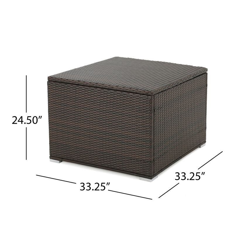 Sanie Outdoor Storage Chest, Square 34 Inch, Brown PE Rattan, Iron - Benzara
