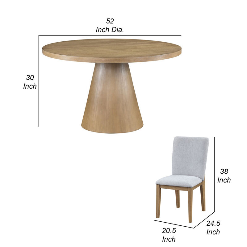 Deli 5 Piece Round Dining Table Set, 4 Seater Table, Gray Linen Chairs - Benzara