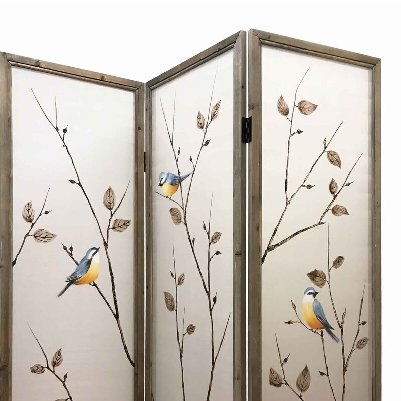 Art Styled 3 Panel Wooden Screen with Hand painted Fabric Design, Beige - Benzara