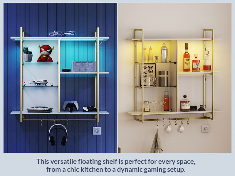 BELLEZE Floating Shelves for Wall with Lights, 40" LED Wall Mounted floating Shelves for Bathroom, Kitchen, Bedroom, Hanging Display Rack Bookshelf with 6 Hooks, Floating Bar Shelves Gaming Room Decor