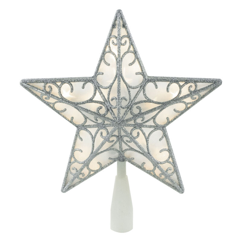 9" LED Lighted Silver Glitter Star Christmas Tree Topper  Warm White Lights