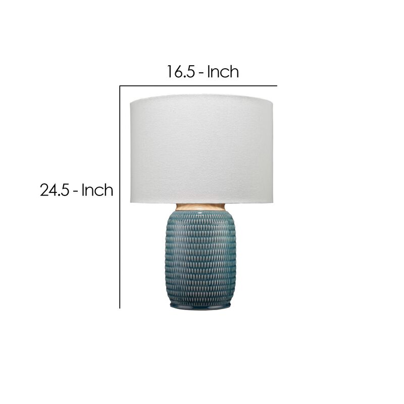 Table Lamp with Ribbed Ceramic Body and Fabric Shade, Blue-Benzara