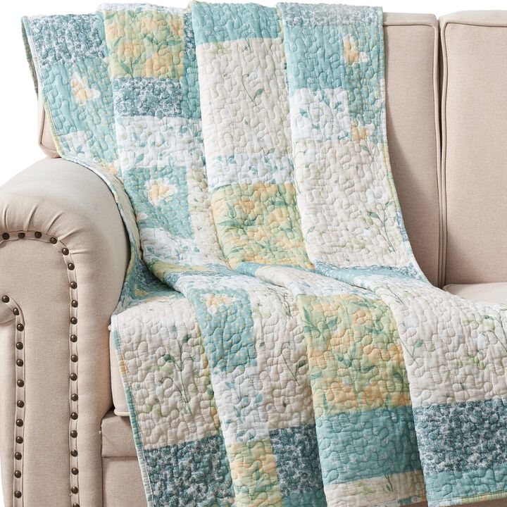 Evane Quilted Throw Blanket with Floral Design, Mist Blue and White Cotton
