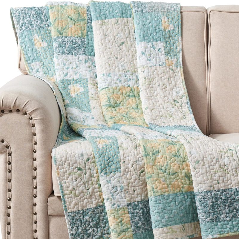 Evane Quilted Throw Blanket with Floral Design, Mist Blue and White Cotton