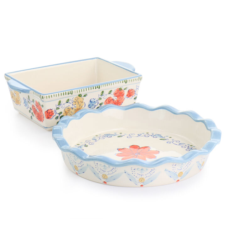 Gibson Elite Anaya 2 Piece Stoneware Bakeware Set with Hand Painted Designs