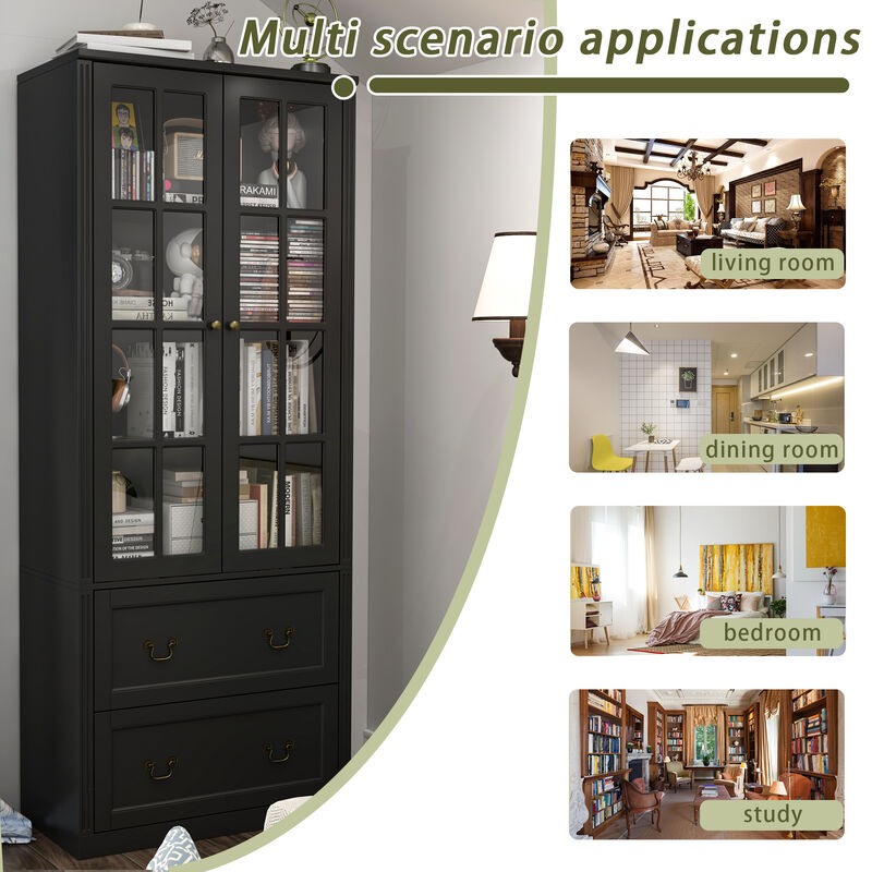 Black Wooden 31.5 in. W Buffet Pantry Cabinet Kitchen Cabinet with Adjustable Shelves and Tempered Glass Doors, Drawers