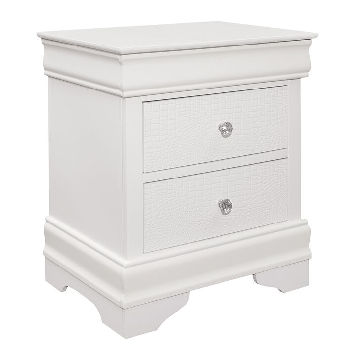 Teich 24 Inch Wood Nightstand, 2 Drawers, Textured Panels, Crisp White-Benzara