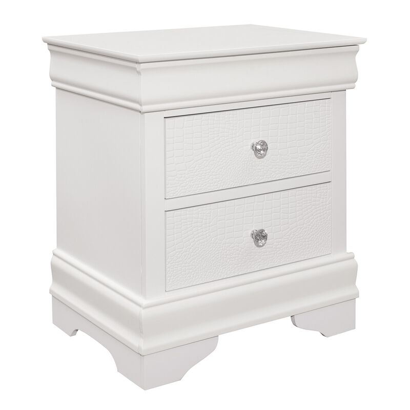 Teich 24 Inch Wood Nightstand, 2 Drawers, Textured Panels, Crisp White-Benzara