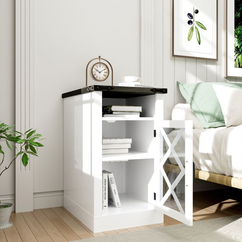 Farmhouse End Table with Charging Station, 15.4'' Rustic Nightstand with Barn Door & Adjustable Shelf, Wooden Sofa Side Table with 3-Tier Storage for Living Room, Bedroom, White