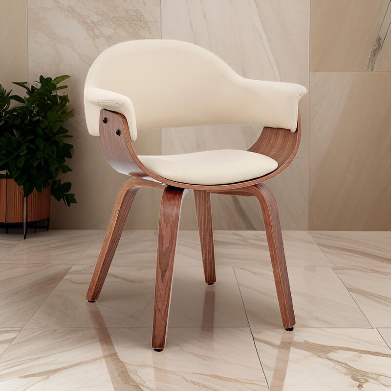 Leatherette Dining Chair with Curved Seat, Cream and Brown - Benzara