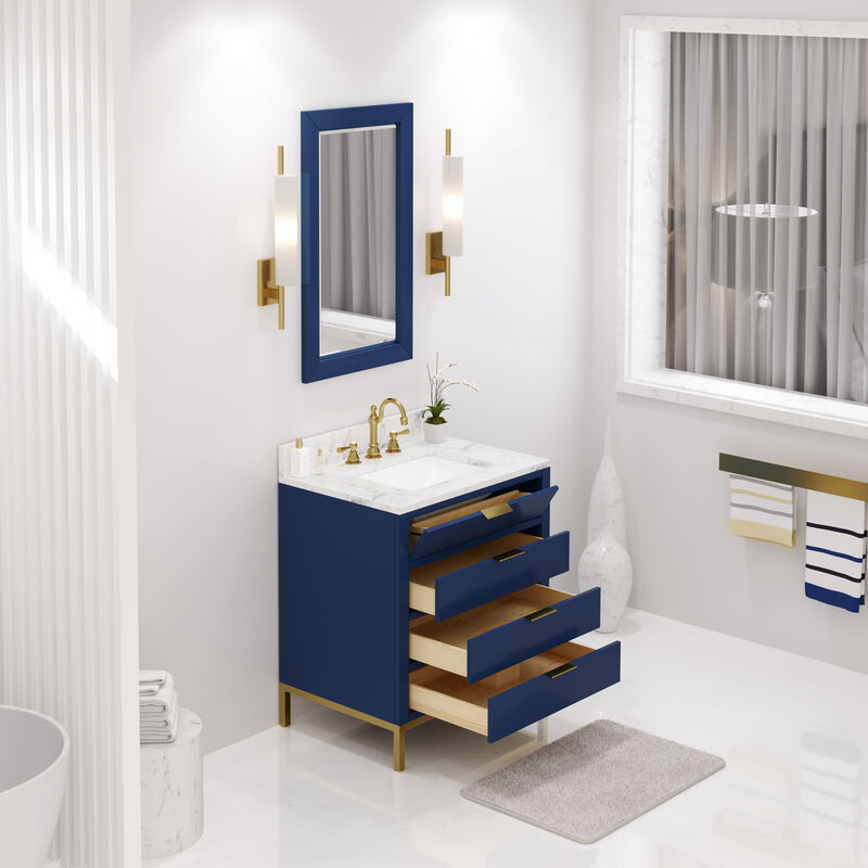 Bristol 30 In. Single Sink Carrara White Marble Countertop Bath Vanity in Monarch Blue
