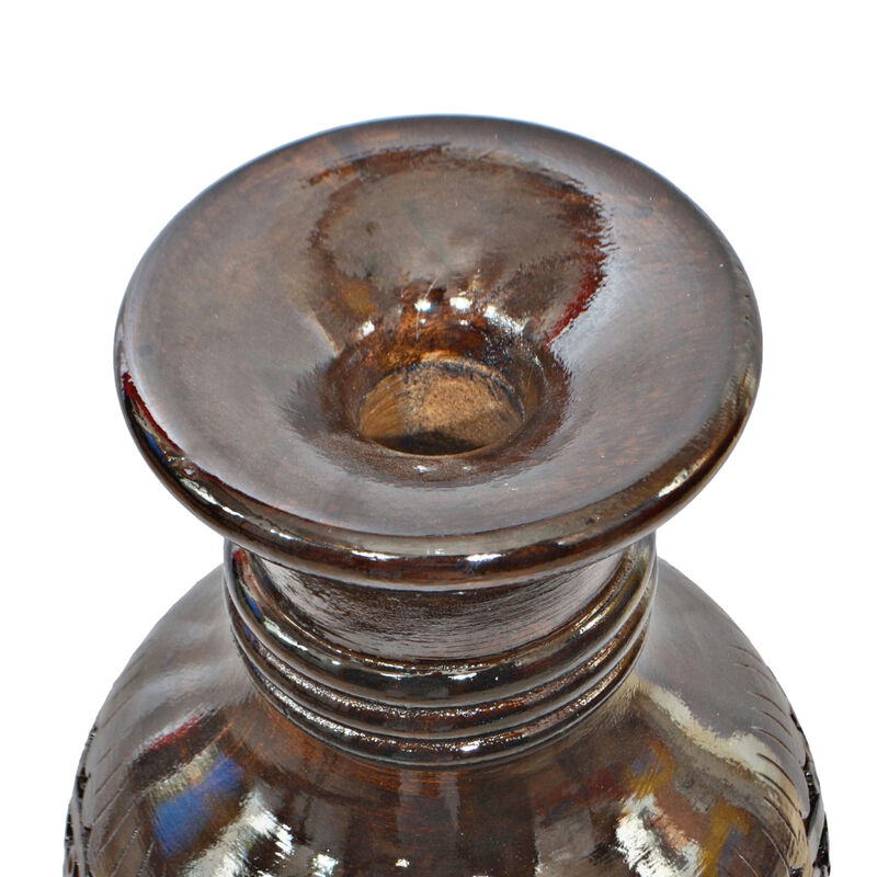 Antique Decorative Hand Curved Brown Mango Wood Table Flower Vase with Unique Textured Pattern, 24 Inch
