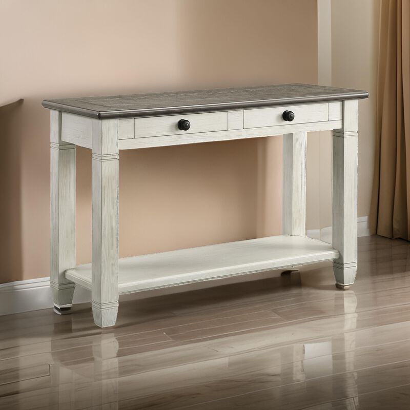 Rome 48 Inch Sofa Table, Rectangular, 2 Drawers, White, Brown, Solid Wood - Benzara