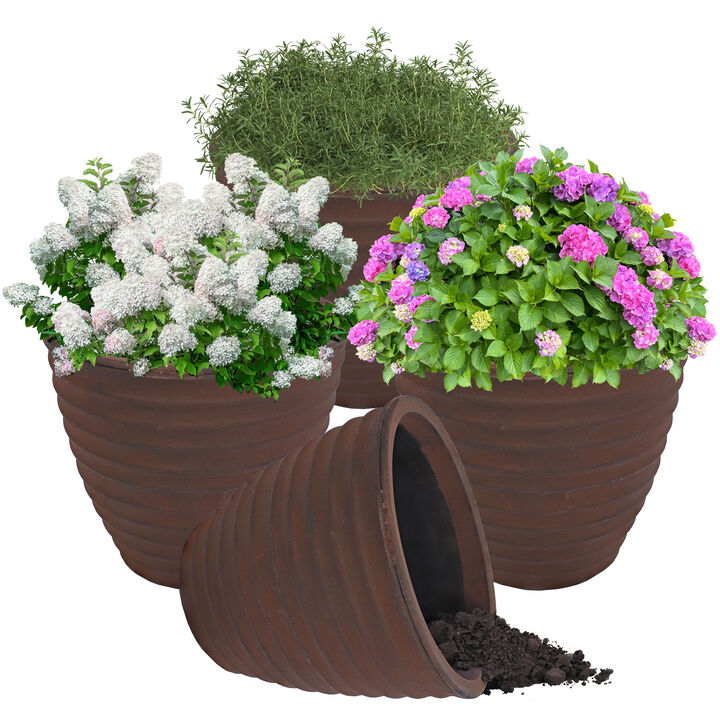 Sunnydaze 16 in Ribbed Polyresin Outdoor Planter - Rust - Set of 4