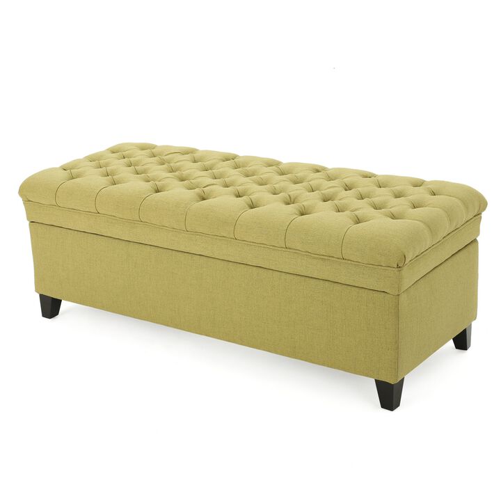 Rhya Storage Ottoman Bench, Soft Green Fabric, Black Wood, 50 Inch -Benzara