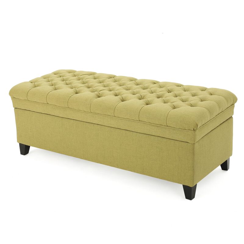 Rhya Storage Ottoman Bench, Soft Green Fabric, Black Wood, 50 Inch -Benzara