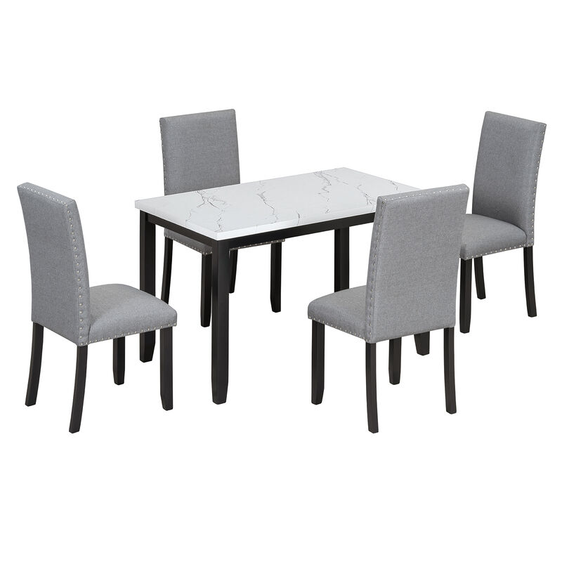 5-Piece  Dining Table Set for 4, Modern Kitchen Table and Chairs Set of 4, Marble Dining Table with 4 Upholstered Chairs for Small Space (White/Light Gray+Black)