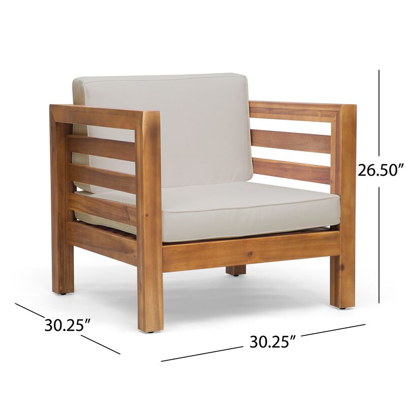 Carie Outdoor Accent Chair, Beige, Soft Cushions, Brown Acacia Wood - Benzara