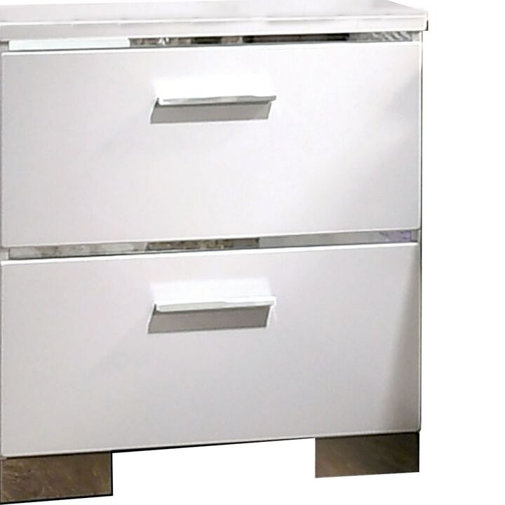 Wood and Metal Nightstand with 2 Drawers,  White and Silver-Benzara