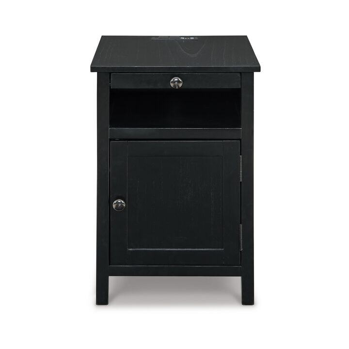 Gena Side End Table, Shelf and Pull Out Tray, Black Solid Wood 24 Inch - Benzara