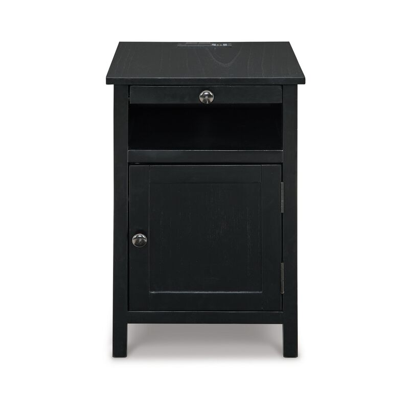 Gena Side End Table, Shelf and Pull Out Tray, Black Solid Wood 24 Inch - Benzara