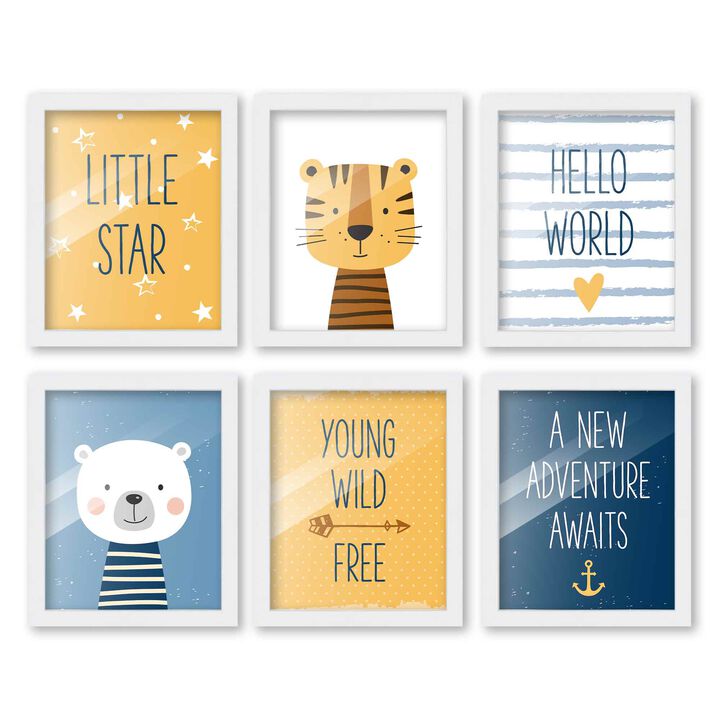 8x10 Framed Nursery Wall Art Set of 6 Hand Drawn Adventure Boy Prints in White Wood Frames