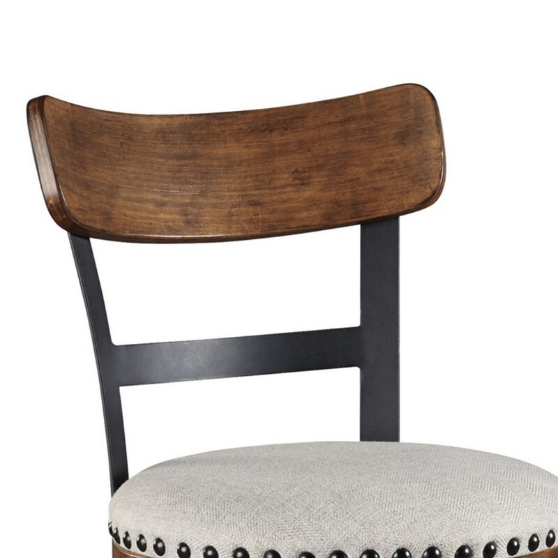 Zane 30 Inch Swivel Barstool, Round Cushioned Seat, Rich Brown Wood Frame-Benzara