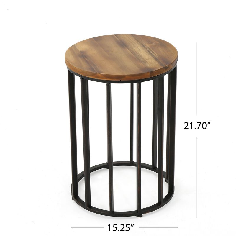 Outdoor Side End Table, 15 Inch Round Brown Wood Top, Black Iron Frame - Benzara