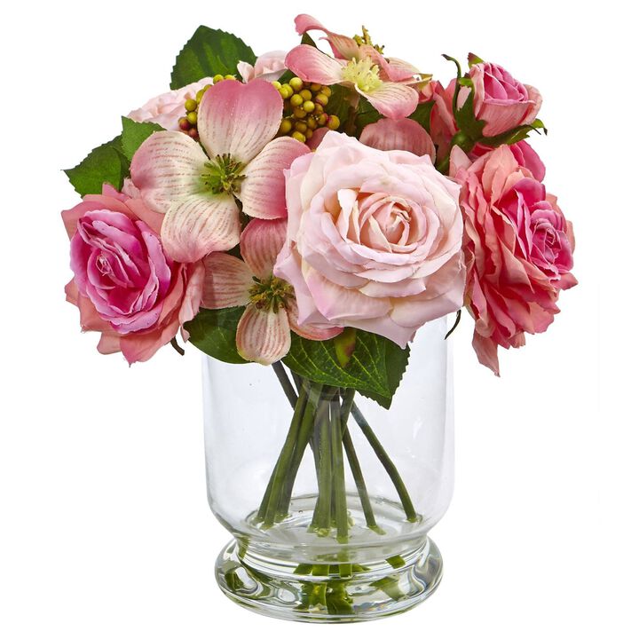 Nearly Natural 10-in Rose and Berry Arrangement