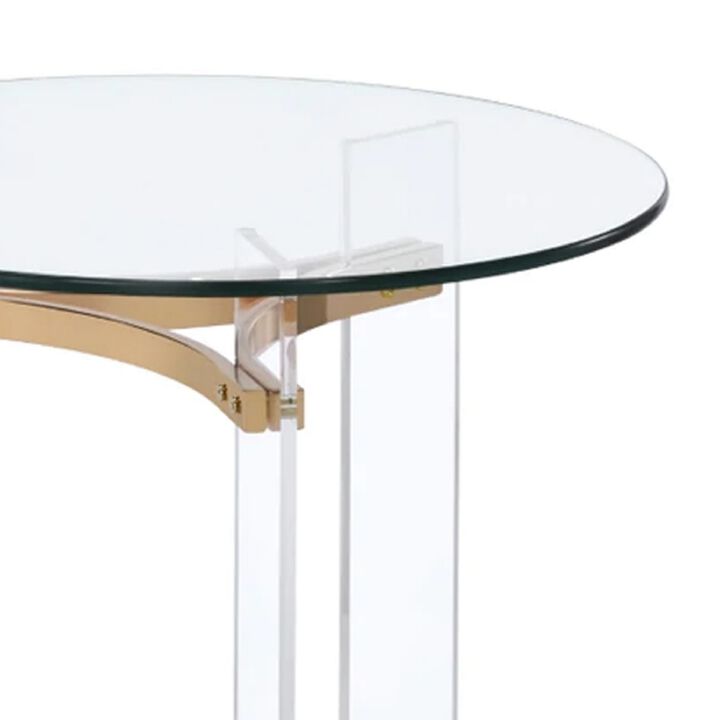 Hale 23 Inch Round End Table, Glass Top, Acrylic Legs, Clear, Gold-Benzara