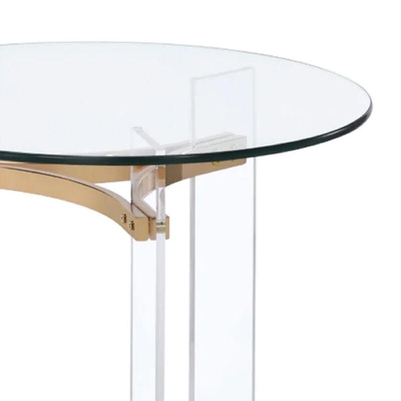 Hale 23 Inch Round End Table, Glass Top, Acrylic Legs, Clear, Gold-Benzara