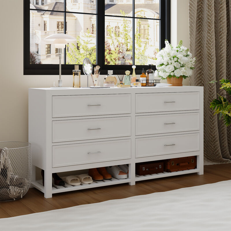 FUFU&GAGA Modern White 6-Drawer Dresser with Open Storage Shelf,（63” W x 15.7” D x 33.1” H), White