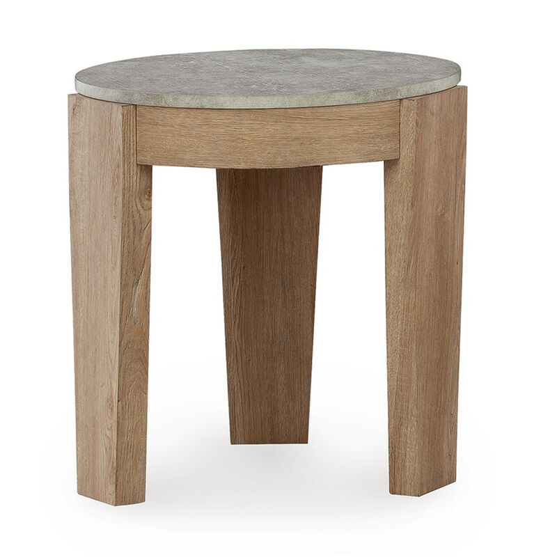 Hena 3pc Coffee and End Table Set, Round Gray Faux Cement, Brown Wood - Benzara