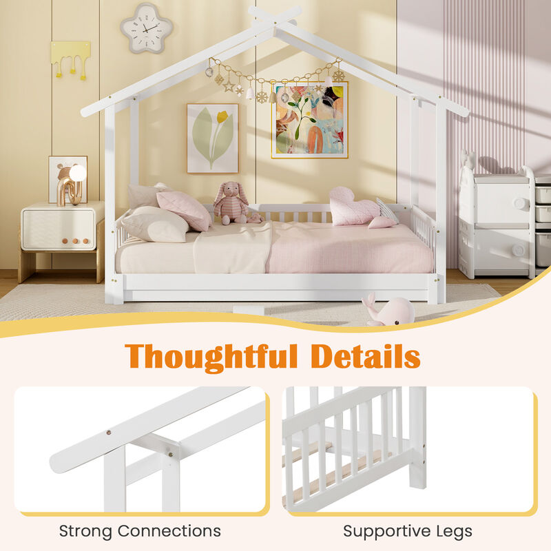 Extendable House Bed Daybed with Roof and Fence Rails