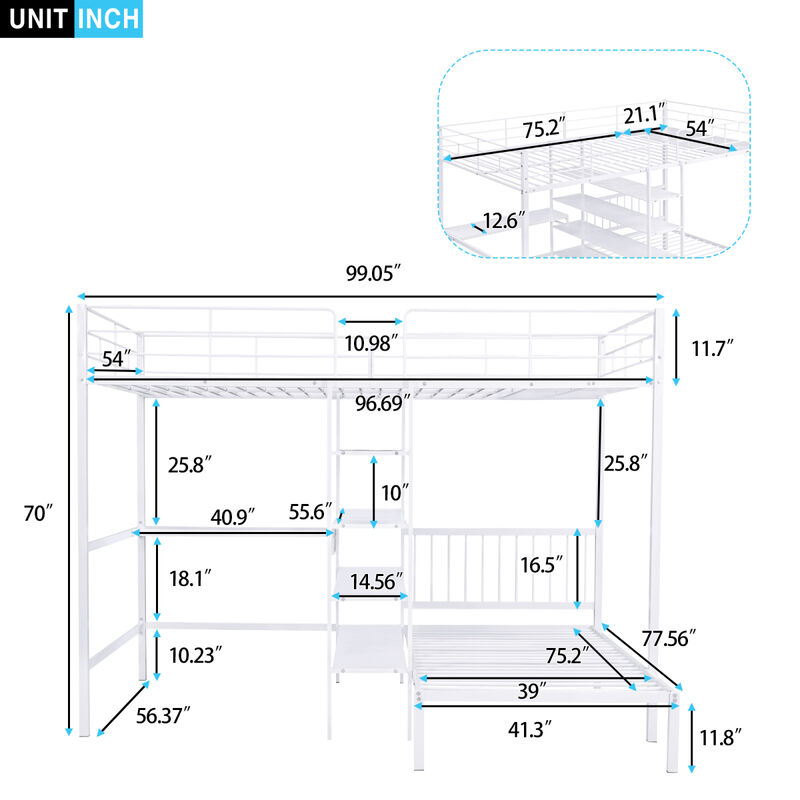 Full Over Twin Metal Bunk Bed With Built-In Desk, Shelves And Ladder