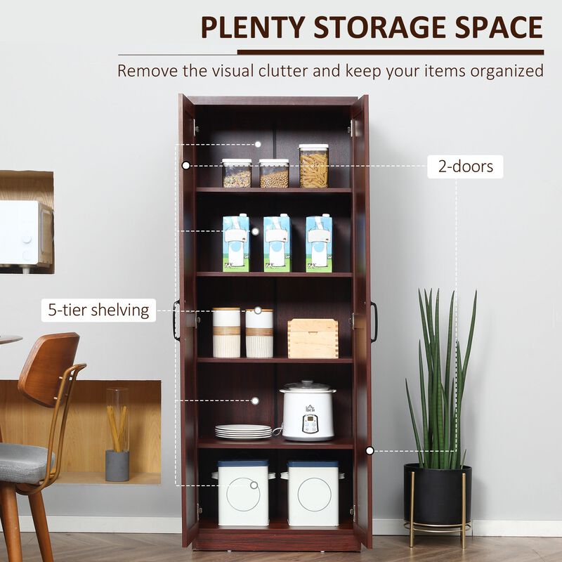 63" Espresso Pantry Cupboard: 5-Tier, 2 Adjustable Shelves, Anti-Tip