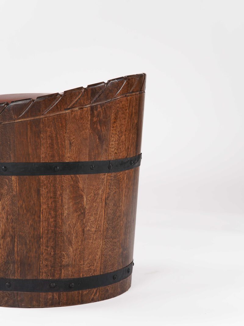 Handmade Eco-Friendly Geometric Buffalo Leather & Wood Brown Round Ottomon 18"x18"x18" From BBH Homes