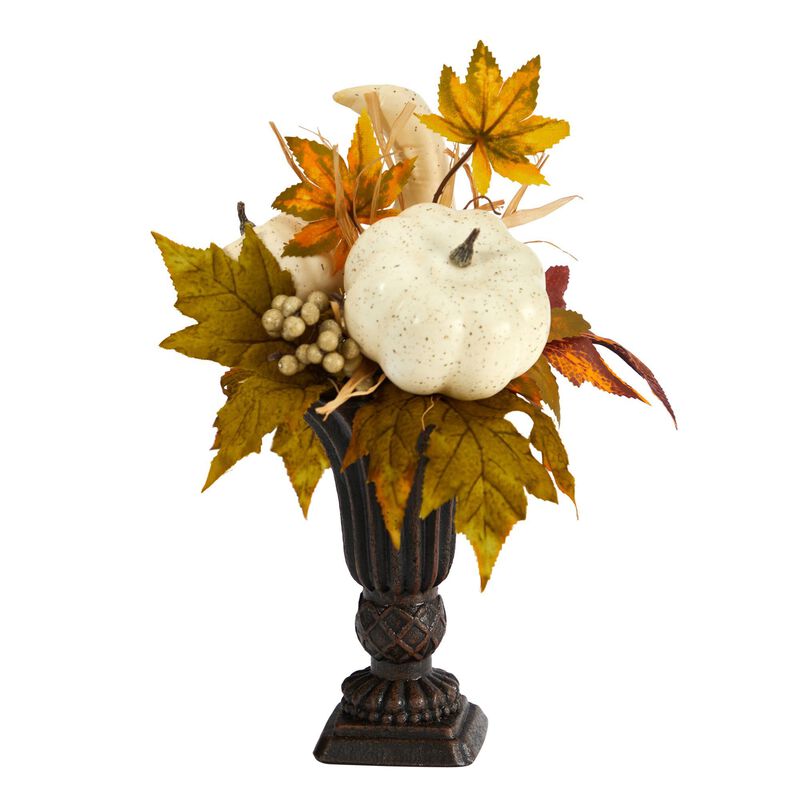 Nearly Natural 13-in Fall Pumpkin and Berries Artificial Autumn Arrangement in Decorative Urn